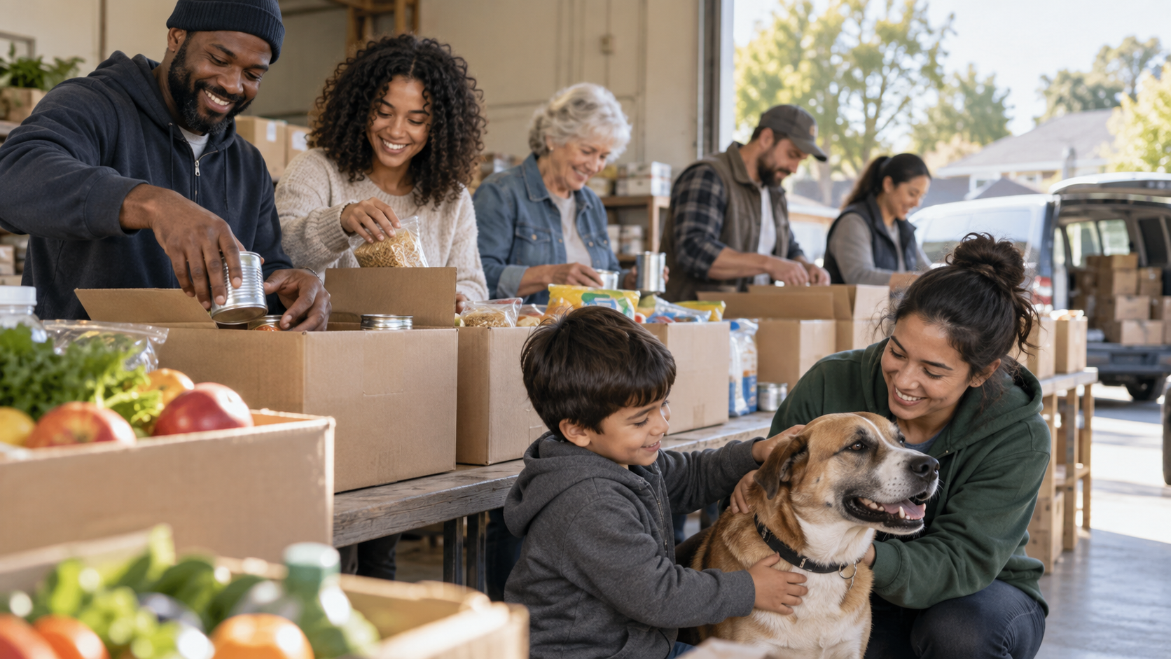 Volunteers sharing food with a rescue dog
