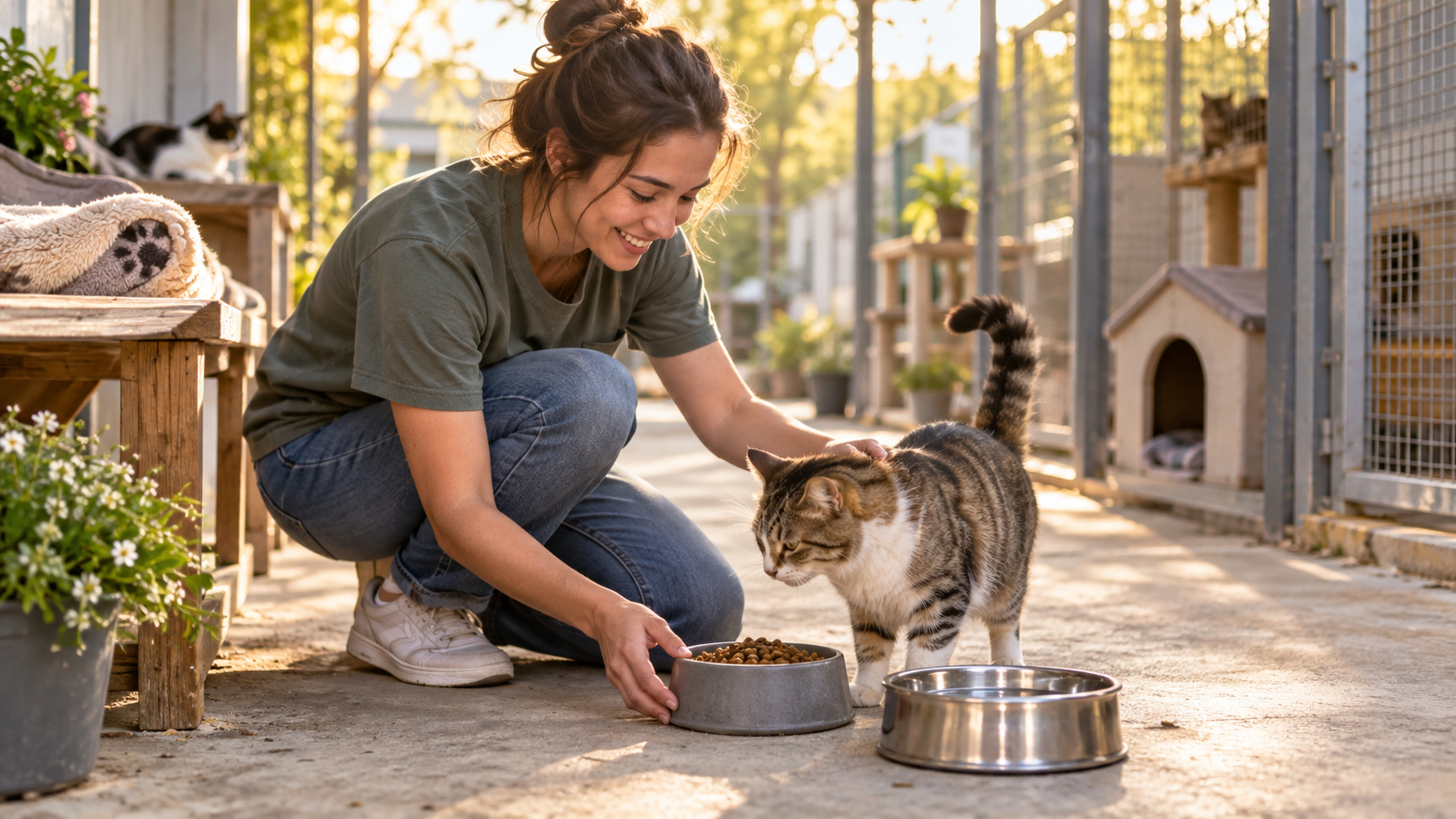 Volunteer caring for a rescue cat